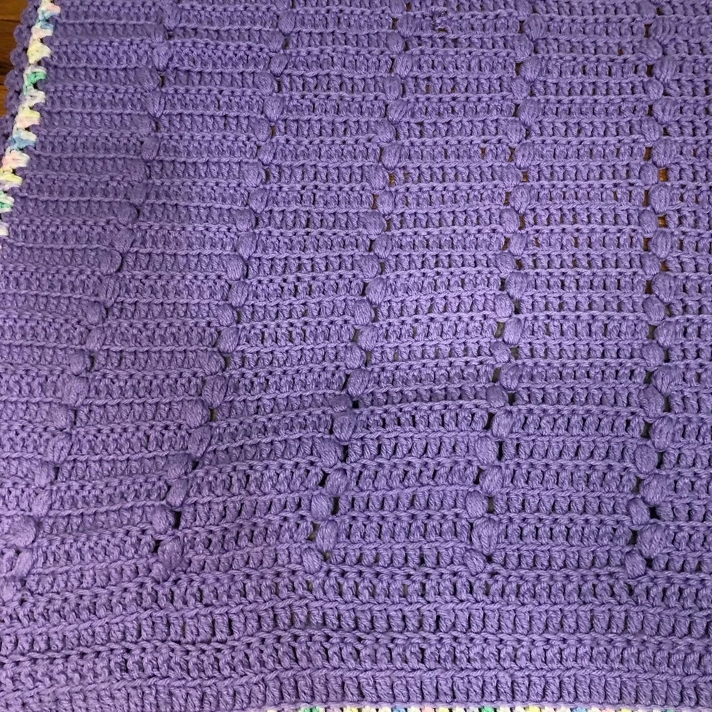 Baby blanket handmade crochet purple with‎ white multicolor trim 38” x 38”